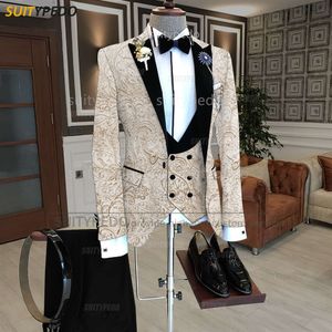 Conjunto de terno estampado masculino sob medida, festa de casamento, padrinho elegante, blazer, colete, calças, 3 peças, jantar de noite, roupas slim fit