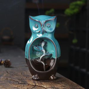 Burners Cute Desktop Decoration Ceramic Owl Aroma Diffuser Backflow Incense Fountain Waterfall Incense Burner,Incece Holder No Incense