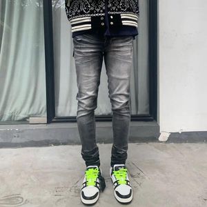 Jeans da uomo High Street Fashion Uomo Retro Bottoni grigi Stretch Skinny Fit Strappato Pantaloni Hip Hop del designer di marca Hombre