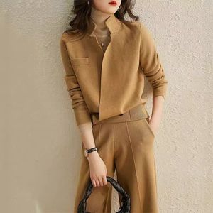 Autumn Lapel Knitted Sweater Cardigan Coat Wool Knitted Top + Knitted Wide Leg Pants Two Piece Set Casual Elegant Fashion Korea 210610