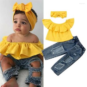 Kleidungssets 1-6 Jahre Baby Mädchen Schulterfrei Rüschen Tops Kinder Zerrissene Löcher Denim Hosen Stirnband Kind 3 Stück