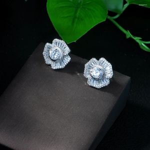 Ohrstecker, modisches Design, eleganter Zirkonia-Schmuck, silberne Farbe, funkelnde CZ-Steine, große Blume für Frauen, E-405