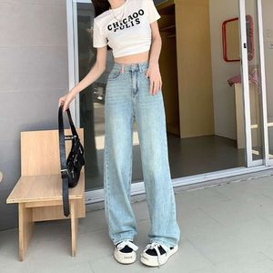 Jeans colorati leggeri per il nuovo design autunnale da donna, con lettere uniche e pantaloni larghi larghi.Pantaloni stile mop alla moda con gamba dritta