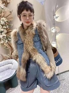 Kvinnors västar Höst/vinter ärmlös faux päls förtjockad varm bomullsrock väst kort denim lapptäcke jeansjacka