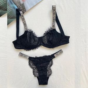 Conjuntos de sutiãs 2 peça push up sutiã e calcinha ajustável strass renda letra marca design roupa interior 2024 mulheres lingerie sexy conjunto