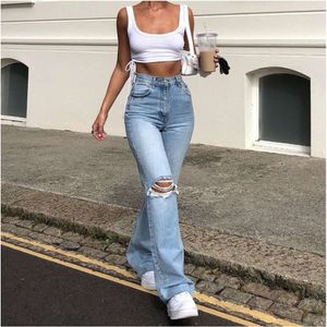 2023 neue Hohe Taille Boot Cut Jeans für Frauen Mode Stretch Knie Zerrissene Denim Ausgestelltes Hosen Casual Weibliche Hose S-2XL