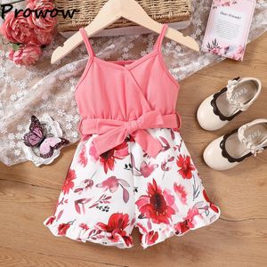 Prowow Summer Childrens Clothing for Girls Vneck Patchwork Floral Jumspuit Spaghetti Strap Overall Kids kläder 240307