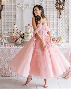 Abiti da festa Sweety Blush Pink Prom Lace 3D floreale corto abiti da sera formali con spalle scoperte abito da ospite alla caviglia Plus Si