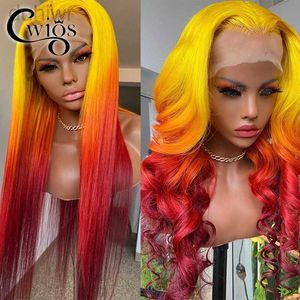 Synthetic Wigs Synthetic Wigs Body Wave Yellow Red Colored Glueless Transparent Synthetic 13X4 Lace Front Wigs For Women Preplucked Queen Cosplay ldd240313