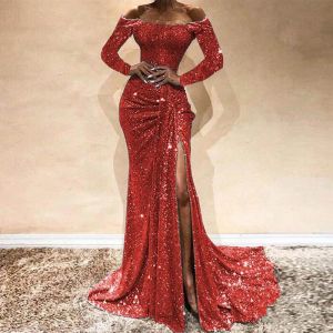 Hot Sale Burgundy Mermaid Prom Dress Lace Appliques Sexy Slit Sequined Off Shoulder Evening Gowns Long Sleeve Formal Dresses 2020