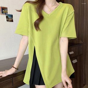 Women's T Shirts Solid Color Tops Casual Ladies Irregular Pullovers Summer Loose O-neck Clothing Interior Lapping Fashion T-Shirts