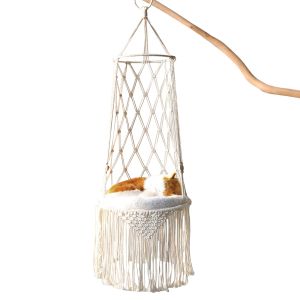 Esteiras gato macrame rede tecido macrame gato rede pendurado cama de gato com borla para gatos internos balanço cama para dormir jogando