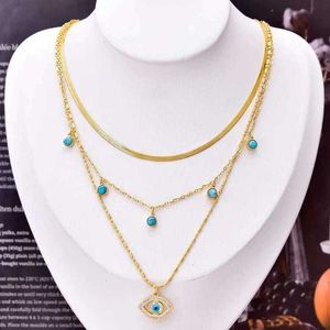 Designer Pendant Necklaces 14k Yellow Gold Butterfly Moon Lock Blue Eyes Pendant Necklace For Women New Multilayer Choker Chain Jewelry Gifts JVAV