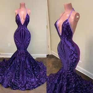 Vestidos roxo baile sexy halter profundo decote em v sem mangas sereia vestidos de noite lantejoulas rendas sem costas árabe aso ebi mulheres formal festa wear vestidos de festa