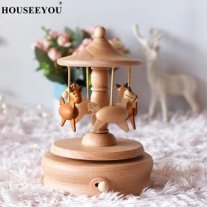 Boxes Wooden Carousel Music Box Merry Go Round Geometric Musical Case Baby Room Decoration Crafts Christmas Birthday Gift