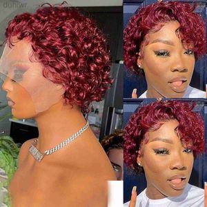 Perucas sintéticas Perucas sintéticas 13x4 Lace Frontal Pixie Cut Peruca Cabelo Curto Bouncy Cabelo Encaracolado Peruca para Mulheres Negras 99J Borgonha Perucas Coloridas ldd240313