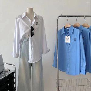 Camicette da donna Abbigliamento Lettera Camicia ricamata Primavera Autunno Manica lunga Moda Monopetto Casual Colletto rovesciato Camicetta blu