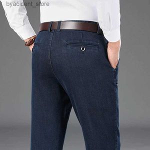 Men's Jeans Autumn Winter Mens Cotton Wool Jeans Classic Style Business Fashion Stretch Denim Straight-leg Pants Male Trousers Black Blue L240313