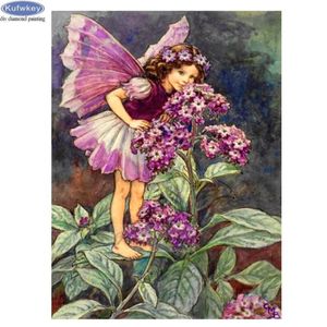 Diamond Målning 5D PURPL Flowers Girl Rhinestone Butterfly Fairy Cross Stitch DIY Brodery Mosaic Sticker273d