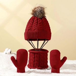 Conjuntos de corrida crianças chapéu de inverno 3pcs cachecol e luvas de malha engrossar gorro quente chapéus luvas com forro de lã laranja