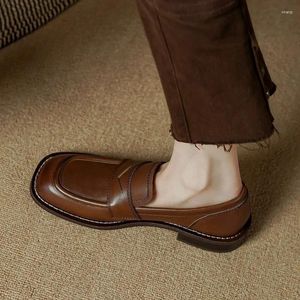 Spring Shoes Woman Toe 2 Loafers Casual Square Genuin Leather Cowhide Women Flat Lazy Slip-on Vintage British Walk 240 40