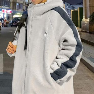 Jaquetas masculinas com capuz homens jaqueta inverno quente com falso sherpa forro cordão hem contraste cor zíper bolso oversized