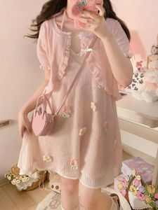 Vestidos de trabalho rosa conjunto feminino gancho flores rendas oco para fora multi-peça arco pérola botões de malha cardigan doce menina kawaii roupas