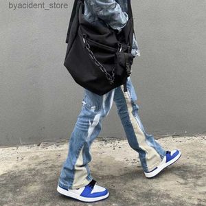 Mäns jeans herrar jeans hip hop flare män harajuku streetwear baggy wide ben denim byxor elastisk midja mode lösa casual blossed jean byxor l240313