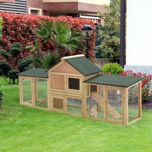 Cages 83" 2 Large Rabbit Hutch Wood Bunny Cage Outdoor Guinea Pig House with Double Runs Slide Out Tray Ramps, Natural