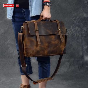 Retro Genuine Leather Men Handbag Male 14 inch Laptop Bag Business Briefcase Shoulder Messenger Bags Crazy Horse 240313