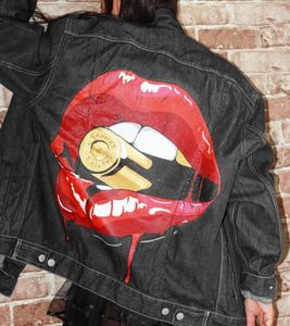 Herrenjacken Denim Jacketmen's 2024 Herbst/Winter Hip Hop Street Fashion Persönlichkeit Lip Bite Print Moto Punk Wash Deni