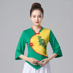 Этническая одежда Cheongsam, женские топы больших размеров, весна 2024, рубашки из смеси хлопка и вышивки, нерегулярные рубашки Ципао для танцев в китайском стиле