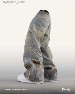 Men's Jeans Mens Jeans Streetwear Reaven Mens Y2k Hip Hop Distressed Retro Blue Baggy Harajuku Gothic High Waist Wide Leg Trousers L240313