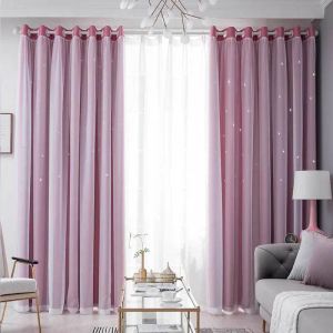 Cortinas brilhantes estrelas cortinas sólidas rosa dupla camada cortinas blackout para a janela do quarto cego pano tule cortina decoração de casa