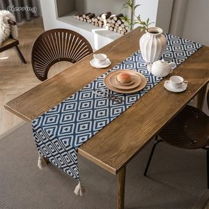 Gerring Nordic Jacquard Blue Table Runner Geometric Tassel Green Tea Flagモダンエレガントなランナー240307