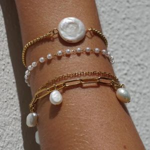 Länkarmband uworld Dainty Natural Freshwater Pearls Armband Rostfritt stål Bangle Temperament Fashion Smycken Kvinnor gåva