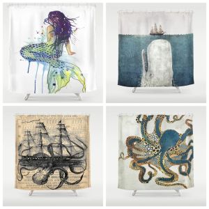 Curtains Marine Organism Themed Shower Curtain The White Whale Mermaid Octopus Kraken Attacking Ship Antique Almanac Paper Bathroom Decor