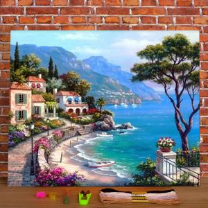 Stitch Landscape Town Seaside Printed Canvas 11CT Cross Full Kit Diy Embroidery DMC Threads Målning Stickning Handmedie Gift