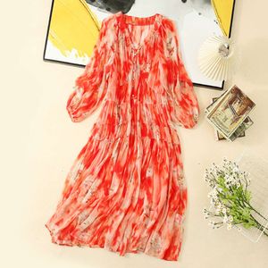 2024 Spring Summer Paisley Print Ribbon Tie Bow Silk Dress Multicolor 3/4 Sleeve V-Neck Midi Casual Dresses W4M1316