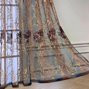 Curtains European Floral Embroidered Tulle Curtain For Living Room Bedroom Luxury Elegant Blue Coffee Sheer Voile Kitchen Cortinas Custom