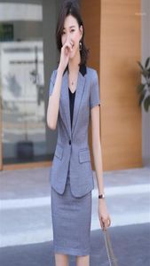 Summer Formal Ladies Grey Blazer Women Business Suits with Skirt and Jacket Sets Short Sleeve Work Wear Uniforms1404092