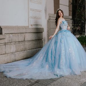 Небесно-голубое блестящее бальное платье Quinceanera Платья с открытыми плечами Милая Тюль с 3D цветочными аппликациями Корсет Vestidos De 15