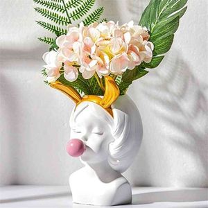 White Resin Vase Flower Pot Nordic Style Cute Human Head Flower Vases Basket Pen Brushes Holder Home Decoration 2104092978