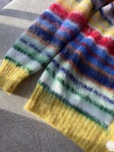 Miaoo suéter feminino listrado colorido arco-íris abotoado cardigã de malha feminino com decote em v difuso multicolorido outono/inverno em 240228