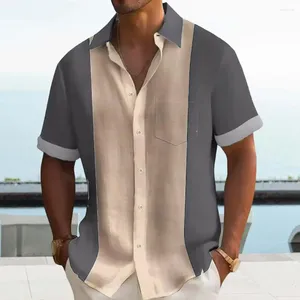 Camisas casuais masculinas camisa de verão elegante lapela gola cardigan com contraste cor retalhos mangas curtas para escritório