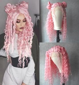 Pink Color Kinky Curly Wig Part Synthetic Lace Front Wigs Heat Resistant Fiber Hair For Africa America Black Women4529362