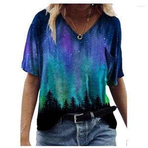 Kvinnors T-skjortor 2024 Summer Women Short Sleeve Landscape Print Shirt Casual Streetwear V-Neck Pockets Loose Tee Tops Size 3XL Ladies Tees