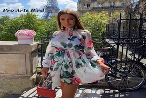 Women Chiffon Floral Dress Ladies Above Knee Mini Empire Beach Style Dresses High Waist Belt Vestido Turtle Neck Fashion Costume 26933119