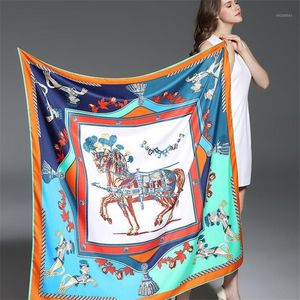 100％Twill Silk Women Scarf Europe Design Foulard 130 130cmフレンチホースプリントスクエアスカーフファッションショールラップス1306f