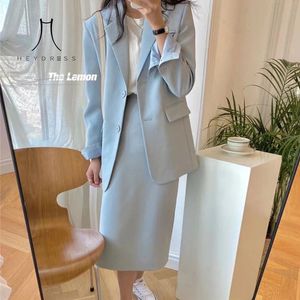 Heydress Frauen Anzüge Büro Dame Rock Koreanische Mode Frühling Einreiher BlazerMidi Röcke 2 Stück Sets 240309